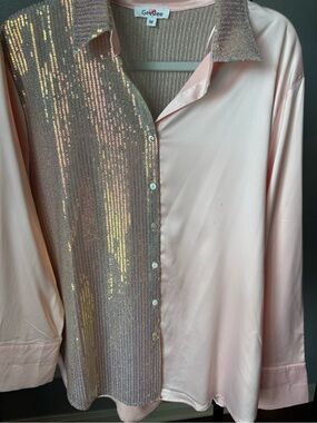 GeeGee Pink Sequin-Front Button-Up Blouse